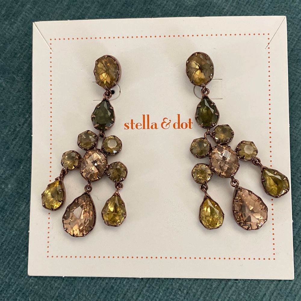 Stella & Dot bronze/gold sparkling glass stones chandelier earrings